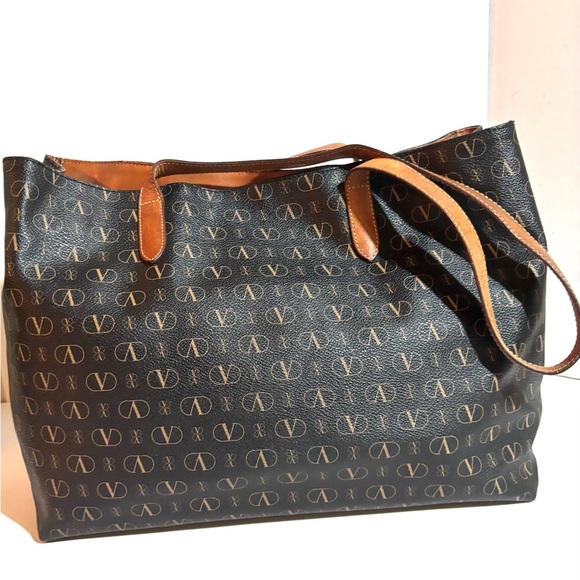 Valentino vintage Black and Brown Tote signature print canvas shoulder Bag - Picture 7 of 7